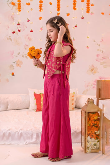 Girls Pink Silk Blend Floral Embroidered Crop Top Inner and Jacket with Palazzo For Ethnic Look