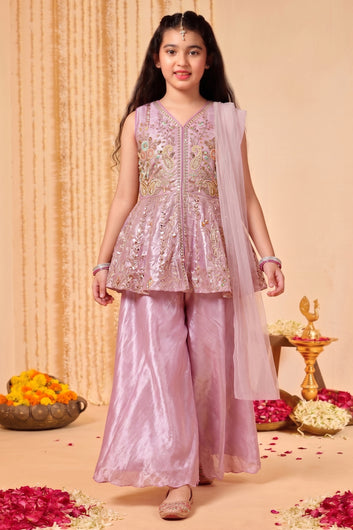 Girls Lavender Silk Blend Ethnic Wear Palazzo Set with Sequin Bead Embroidery Work - Peplum Kurta, Flared Palazzo & Dupatta