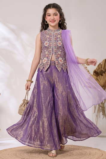 Girls Purple Silk Blend Top And Palazzo With Dupatta Set For Ethnic Wear
