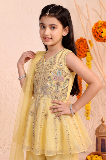 Girls Yellow Silk Blend Festive Wear Palazzo Set with Sequin Bead Embroidery Work - Peplum Kurta, Flared Palazzo & Dupatta