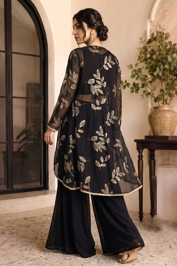 Women Black Georgette Crop Top and Palazzo With Shrug Set For Ethnic Wear