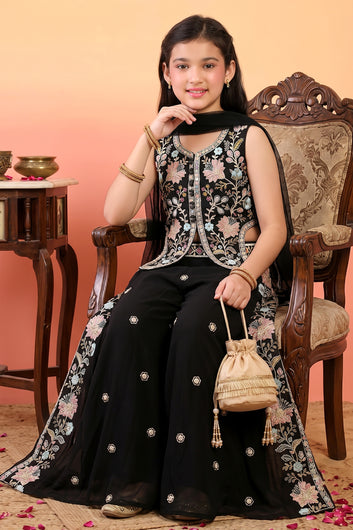 Girls Black Silk Blend Floral Sequin Embroidered Crop Top and Palazzo With Dupatta Set For Ethnic Look