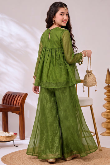 Girls Green Silk Blend Floral Embroidered Top and Palazzo For Stylish Look