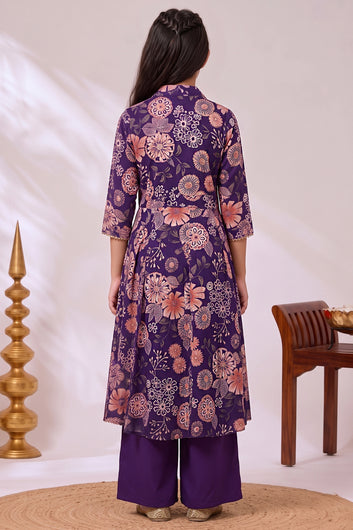 Girl's Dark Purple Chanderi Silk Printed Front Slit Kurta and Palazzo Set