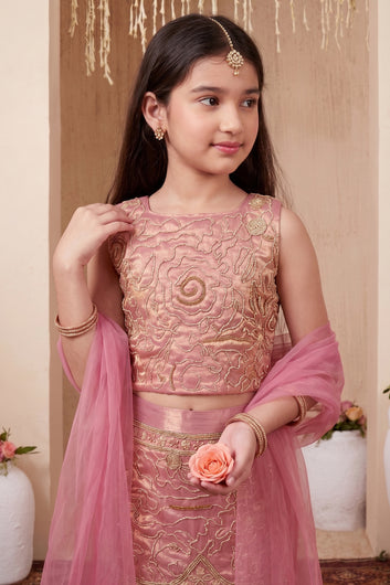 Girls Peach Silk Blend Bead Work Lehenga Coli With Dupatta Ethnic Set