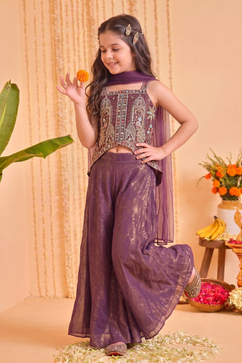 Baby Lavender Silk Blend Bead Embroidery Work High Low Style Kurta and Palazzo and Net Dupatta Girls Ethnic Wear