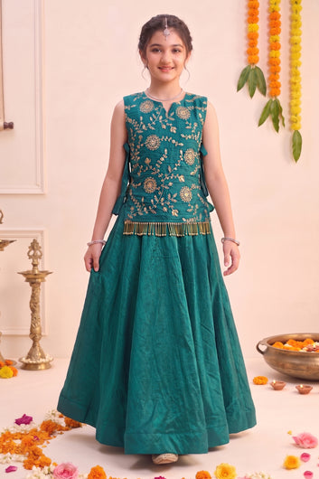 Girl's Rama Silk Blend Embroidered Sleeveless Top Style Choli and Inner Top with Flared Lehenga For Traditional Look