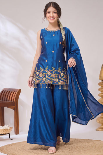 Girls Rust Silk Blend Embroidered Kurta and Palazzo With Dupatta Set For Party Wear
