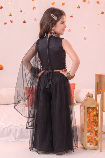 Girls Black Silk Blend Floral Embroidery Crop Top and Flared Palazzo with Dupatta For Indo Western Look