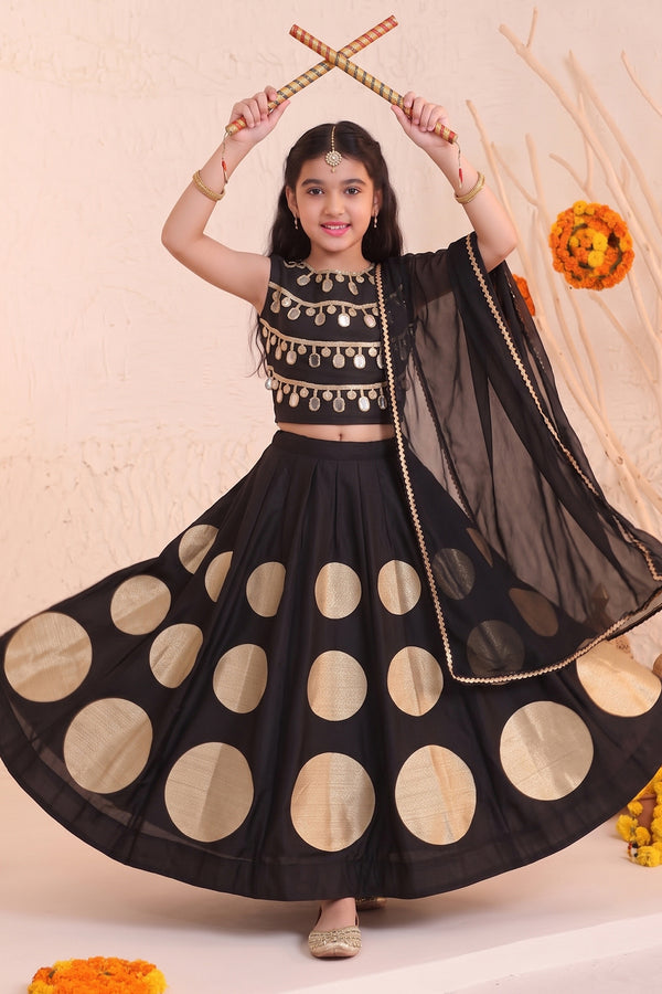 Girls Black Silk Blend Embellished Lehenga and Choli With Dupatta For Festive Wear