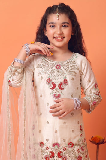 Girls White Silk Blend Floral Sequin Embroidered Kurta and Salwar Set with Dupatta