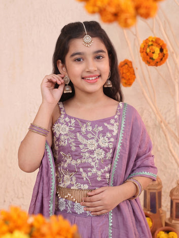 Girls Purple Silk Blend Floral Embroidered Lehenga and Choli With Dupatta Festive Set For Girls