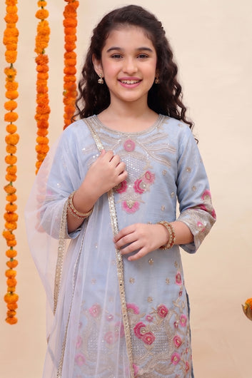Girls Sky Blue Silk Blend Embroidered Salwar Suit Set with Dupatta