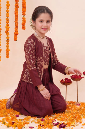 Girls Maroon Silk Blend Embroidered Crop Top with Shrug and Palazzo Girls Ethnic set