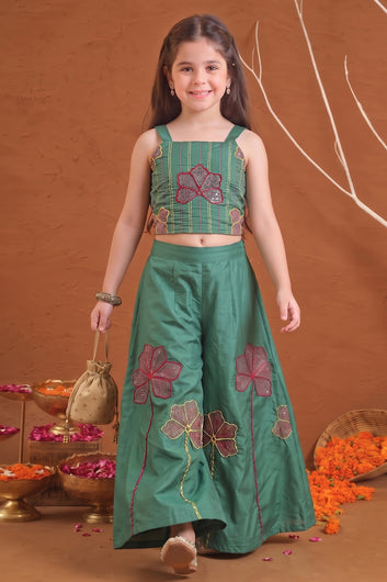 Girls Olive Silk Blend Embroidered Crop Top and Palazzo Ethnic Outfit Set