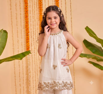 Girls White Silk Blend Bead Embroidered Work Top and Palazzo For Festive Outfit
