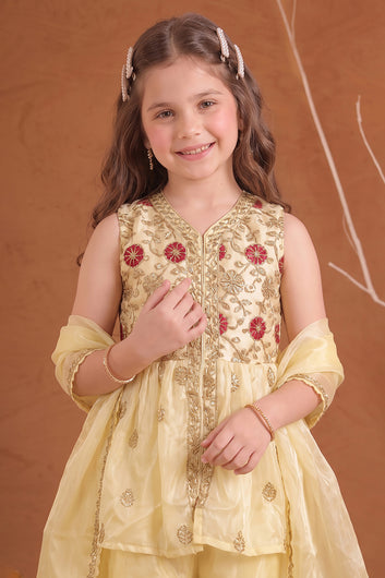 Girls Off white Embroidered Kurta and Palazzo With Dupatta Set For Ethnic Wear