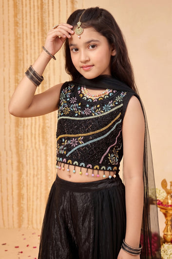 Girls Black Silk Blend Party Wear Sequin Embroidered 3 Picec Palazzo Set - Crop Top, Flared Palazzo & Dupatta
