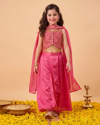 Girls Rani Embroidered Crop Top and Skirt With Dupatta For Festive wear