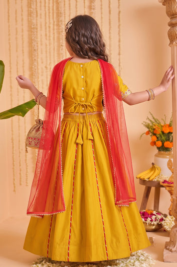 Girls Mustard Roman Silk Embroidered Lehenga Choli With Dupatta Set Traditional 3-Piece Festive Outfit for Kids