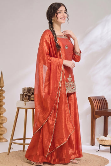 Girls Rust Embroidered Kurta and Palazzo With Dupatta For Festive wear