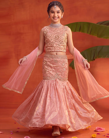 Girls Peach Silk Blend Bead Work Lehenga Coli With Dupatta Ethnic Set