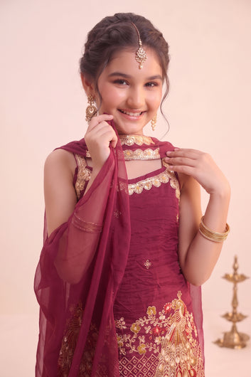 Girls Maroon Silk Blend Kurta And Palazzo With Dupatta Set For Traditional Look