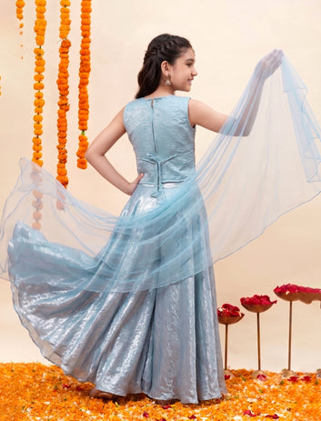 Girls Sky Blue Silk Blend Embroidered Scalloped Hem Top and Flared Palazzo with Dupatta Set