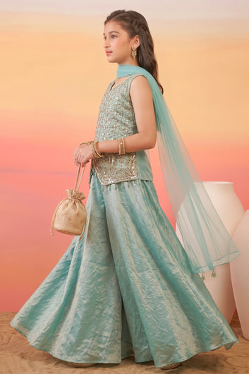 Girls Olive Silk Blend Sequin Bead Work Crop Top and Palazzo With Dupatta Set For Ethnic Outfit