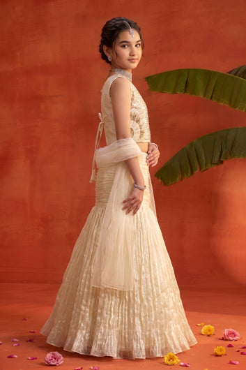 Girls White Silk Blend Fish Cut Lehenga With Bead Embroidered Sleeveless Choli with Dupatta