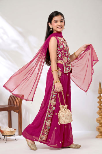 Girls Rani Silk Blend Floral Sequin Embroidered Crop Top and Palazzo With Dupatta Set For Ethnic Look