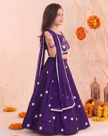 Girls Voilet Silk Blend Floral Embroidered Lehenga and Choli With Dupatta Ethnic Set For Festive Look