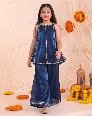 Girls Dark Blue Embroidered Top and Palazzo With Dupatta Set Ethnic outfit for girls