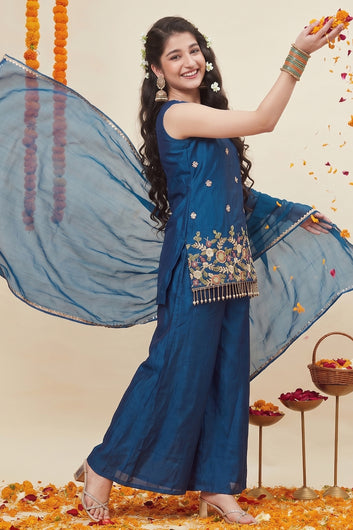 Girls Rust Silk Blend Embroidered Kurta and Palazzo With Dupatta Set For Party Wear