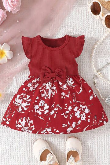 Girls Maroon Cotton Blend Floral Printed Fit And Flare Knee Length Dress