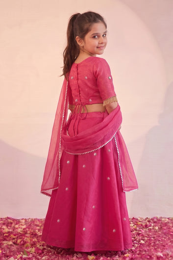 Girls Pink Silk Blend Floral Embroidered Lehenga and Choli with Silk Dupatta For Three Piece Lehenga Set