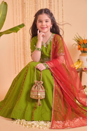 Girls Mehndi Roman Silk Embroidered Lehenga Choli With Dupatta Set Traditional 3-Piece Festive Outfit for Kids