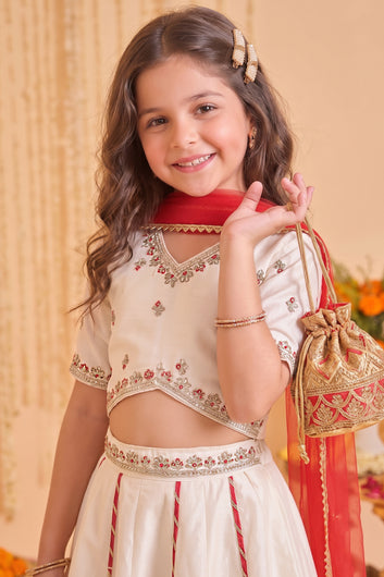 Girls Off White Roman Silk Embroidered Lehenga Choli With Dupatta Set Traditional 3-Piece Festive Outfit for Kids