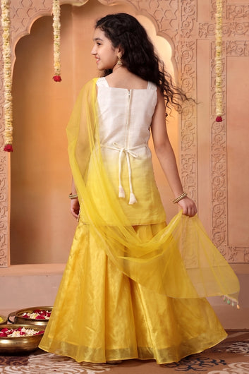Girls Yellow Silk Blend Floral Sequin Embroidered Kurta Palazzo with Inner and Dupatta Ethnic Set