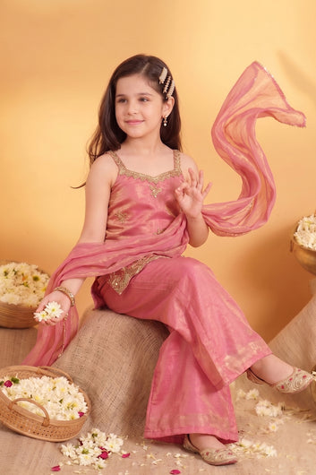 Girls Pink Silk Blend Embroidered Kurta and Palazzo with Dupatta For Trendy look