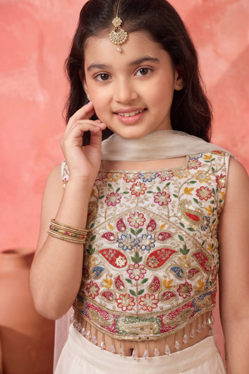 Girls White Silk Blend Sequin Embroidery Crop Top and Palazzo With Dupatta Ethnic Set