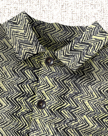 Boys Beige Cotton Blend Zig Zag Print Shirt and Shorts For Casual Wear
