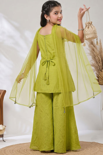 Girls Lemon Silk Blend Kurta, Palazzo And Top Inner With Dupatta Set Diwali Outfit