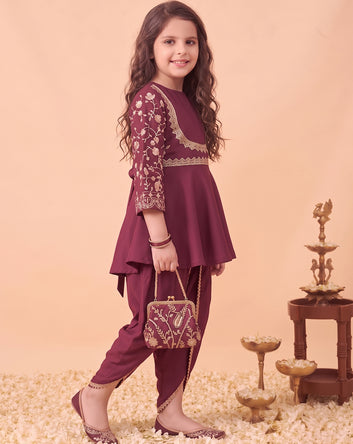 Girls Dark Purple Silk Blend kurta and Dhoti Pant Ethnic Wear