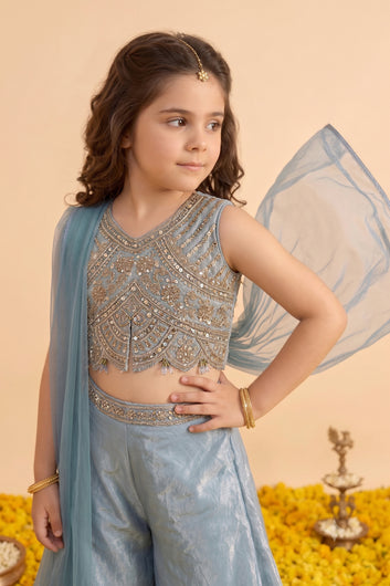 Baby Blue Silk Blend Embroidered Scalloped Hem Top and Flared Palazzo with Dupatta Set