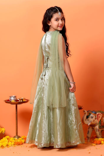 Girls Light Green Silk Blend Bead Embroidered Top, Flared Palazzo With Dupatta Set