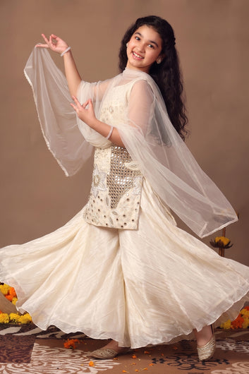 Girls White Silk Blend Mirror Embroidered Short Kurta and Palazzo With Dupatta Ethnic Set