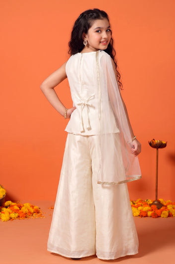 Girls White Silk Blend Embroidered Top and Palazzo With Dupatta Ethnic Set