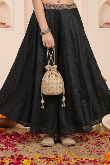 Girls Black Silk Blend Sequin Embroidered Crop Top and Palazzo with Dupatta Set For Traditional Wear