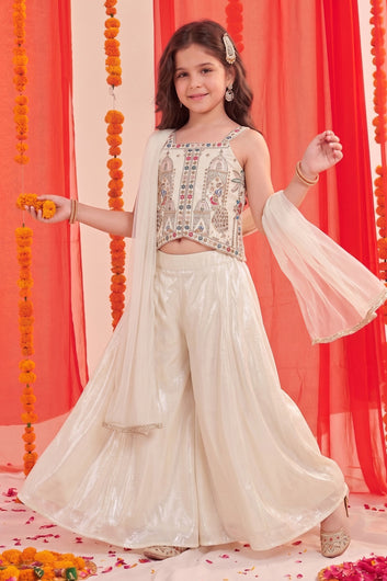 Baby Off White Silk Blend Bead Embroidery Work High Low Style Kurta Palazzo Set with Net Dupatta For Wedding Wear